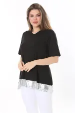Büyük Beden Siyah Pul Payet Detaylı Bluz