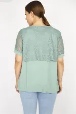 Kadın Yeşil Büyük Beden Dantel Detaylı V Yakalı Tunik