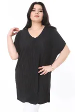 Kadın Büyük Beden Siyah V Yakalı Düşük Kollu Uzun Bluz 65N37999