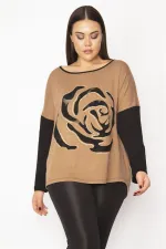 Kadın Camel Önü Flok Desen Ve Taş Detaylı İki Renkli Tunik 65N29336