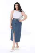 Kadın Büyük Beden Lacivert Yırtmaç Detaylı 5 Cepli Kot Etek 65N38096