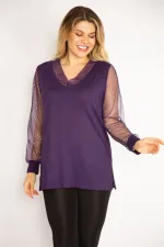 Kadın Mürdüm Yaka Ve Kolları Simli Tül Bluz 65N35185