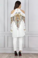 Chemisier femme à épaules dénudées et broderies de pierres 26N14543