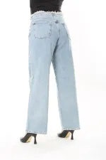 Kadın Büyük Beden Mavi Kemeri Pis Dikişli Yıkama Efektli Kot Pantolon 65N38031