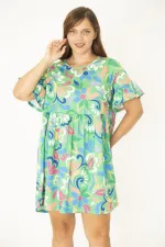 Kadın Büyük Beden Yeşil Bisiklet Yakalı Belden Büzgü Ve Kolları Volan Detaylı Tunik Elbise 65N36881