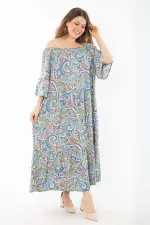 Kadın Büyük Beden Renkli Yaka Lastikli Dokuma Viskon Kumaş Katlı Elbise 65N37349