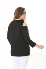 Kadın Büyük Beden Siyah Omuz Dekolteli Robası Fermuarlı Payet Detaylı Bluz 65N37509