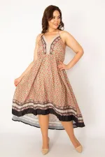 Kadın Renkli Boyundan Bağlamalı Arkası Uzun Elbise 65N33465