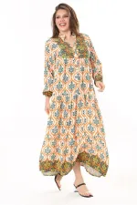 Kadın Büyük Beden Mavi Dokuma Viskon Kumaş Ön Düğmeli Uzun Elbise 65N37860