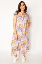 Kadın Renkli Dokuma Viskon Kumaş Ön Boy Düğmeli Gömlek Yakalı Elbise 65N33879