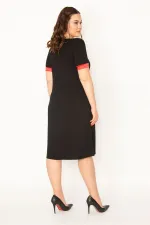 KADIN SİYAH NAKIŞ DETAYLI KOL AĞZI SATEN V YAKALI ELBİSE