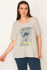 KADIN MİNT PAMUKLU KUMAŞ ÖN BASKILI KISA KOLLU BLUZ