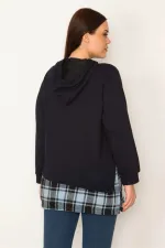 Kadın Kemik Kapşonlu Etek Ucu Ekose Garnili Sweatshirt 65N31947