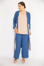 Kadın Büyük Beden İndigo Hırka İç Bluz Ve Pantolon Üçlü Takım