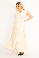 KADIN PUDRA  ETEĞİ VE KOL AĞZI PİLİSE DETAYLI ÖN DÜĞMELİ ELBİSE