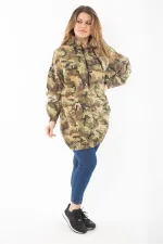 Women's Plus Size Khaki Casual Cut Camouflage Patterned Hooded Kangaroo Pocket Long Sweatshirt 65N37298