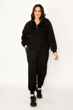 Kadın Siyah İnci Detaylı Kapşonlu Eşofman Takım 65N30435