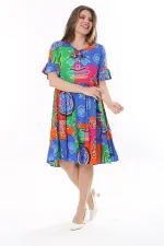 Kadın Büyük Beden Mavi Dokuma Viskon Kumaş Kısa Kollu Katlı Elbise 65N37762