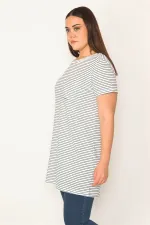 KADIN KEMİK PAMUKLU KUMAŞ BİSİKLET YAKA ÇİZGİLİ BLUZ