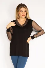 Kadın Mürdüm Yaka Ve Kolları Simli Tül Bluz 65N35185