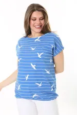 Kadın Büyük Beden Mavi Pamuk Kumaş Etek Ucu Lastikli Düşük Kollu Bluz 65N37896