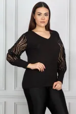 Kadın Büyük Beden Siyah Kolu Flok Tül Bluz 65N17976