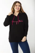 Women's Plus Size Black Hooded Kangaroo Pocket Sweatshirt 65N37197