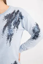 Kadın Mavi Büyük Beden Payet Detaylı Sweatshirt