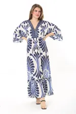 Kadın Büyük Beden Mavi Yakası Taş Detaylı Etek Ucu Katlı Krep Elbise 65N37907