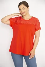 Kadın Beyaz Büyük Beden Pamuk Kumaş Robası Tül Aplike Uzun Bluz