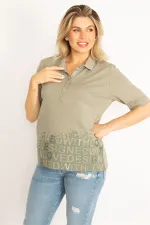 Kadın Haki Polo Yaka Pat Düğmeli Sim Ve Taş Detaylı Bluz 65N34521