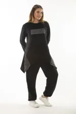 Kadın Büyük Beden Siyah Sim Detaylı Sweatshirt Pantolon İkili Takım 65N37054