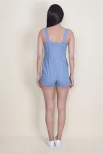 Kadın Mavi Denim Kumaş Düğme Ve Cep Detaylı Askılı Tulum