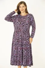 Kadın Büyük Beden Lila Öpücük Yaka Katlı Uzun Kollu Elbise 65N36913