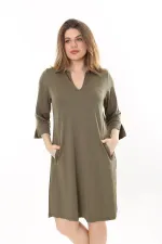 Kadın Büyük Beden Haki V Yakalı Cepli Krep Elbise 65N37658