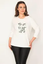 Kadın Kemik Büyük Beden Sim Baskılı Kapri Kol Likralı Bluz 65N35706