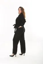 Kadın Büyük Beden Siyah Ön Fermuarlı Arka Beli Lastik Ve Kuşak Detaylı Cepli Tulum 65N37469