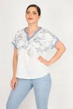 Kadın Kemik Büyük Beden V Yakalı Düşül Kol Bluz