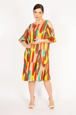 Kadın Fujya Büyük Beden Omuz Dekolteli Dokuma Viskon Kumaş Yan Cepli Elbise