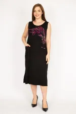 Kadın Siyah Büyük Beden Taş Detaylı Ön Cepli Elbise