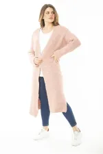 Kadın Büyük Beden Pembe Yırtmaçlı Kalın Triko Uzun Hırka 65N37139