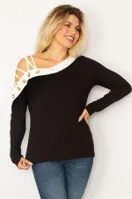 BLOUSE BICOLORE NOIRE POUR FEMME AVEC DÉTAILS ŒILLETS