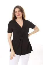 Kadın Büyük Beden Bordo Göğüs Büzgü Detaylı V Yakalı Kısa Kollu Bluz 65N37581