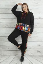 Kadın Saks Kapşonlu Fermuar Ve Baskı Detaylı Kuşgözlü Sweatshirt Pantolon Takım 65N19562