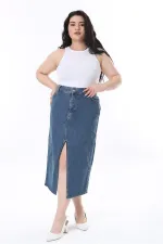 Kadın Büyük Beden Lacivert Yırtmaç Detaylı 5 Cepli Kot Etek 65N38096