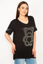 KADIN SİYAH TAŞ DETAYLI BLUZ
