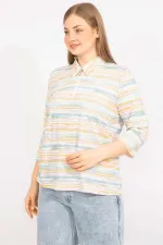 Kadın Renkli Büyük Beden Pamuklu Kumaş Ön Pat Fermuarlı Renkli Bluz 65N35570