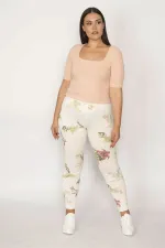 Kadın Bej Pamuklu Kumaş Desenli Tayt Pantolon 65N29873