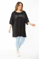 Kadın Büyük Beden Siyah Sim Detaylı Yan Yırtmaçlı Bluz 65N37452