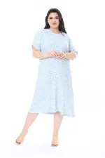 Kadın Büyük Beden Bebe Mavisi Bürümcük Kumaş Kısa Kollu Desenli Elbise 65N37858